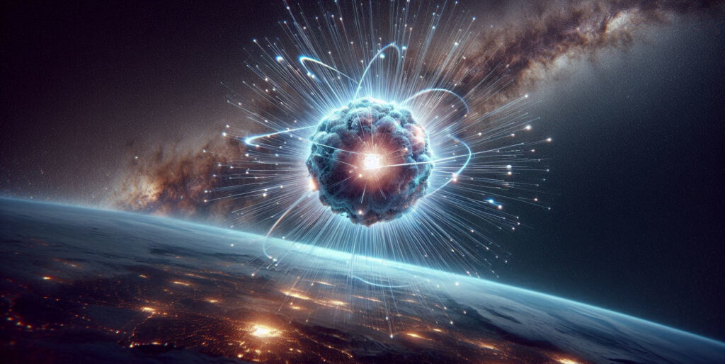 Artistic visualization of a heavy cosmic nucleus interacting with the atmosphere.